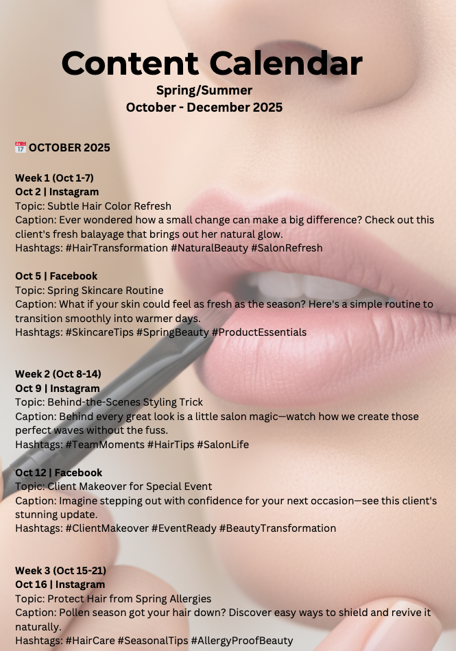 Spring/Summer Content Calendar (Oct–Dec 2025)